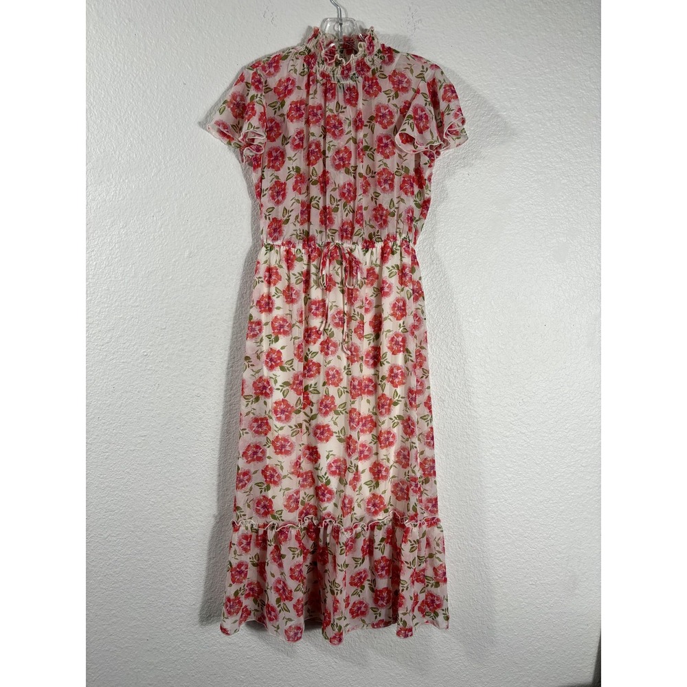 Stella & Julie Dress Womens 4 Floral Sheer Midi Cottagecore Ruffle Short Sleeve‎